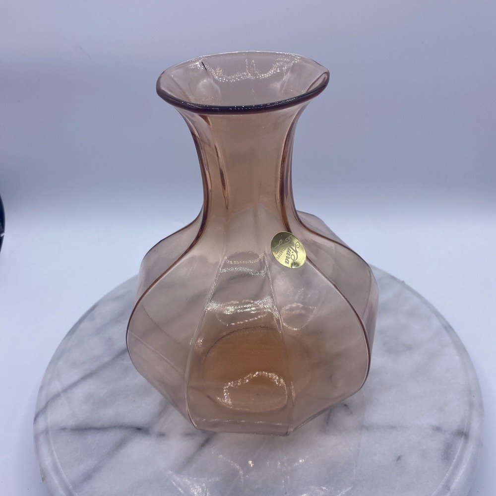 Tiara‎ Exclusive Peach Glass Hexagon Paneled Vase Vintage Flared Neck with Box